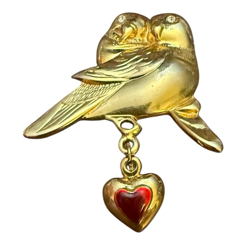 Vintage Love Birds with Red Heart‎ Gold Broach Pin - Picture 2 of 3